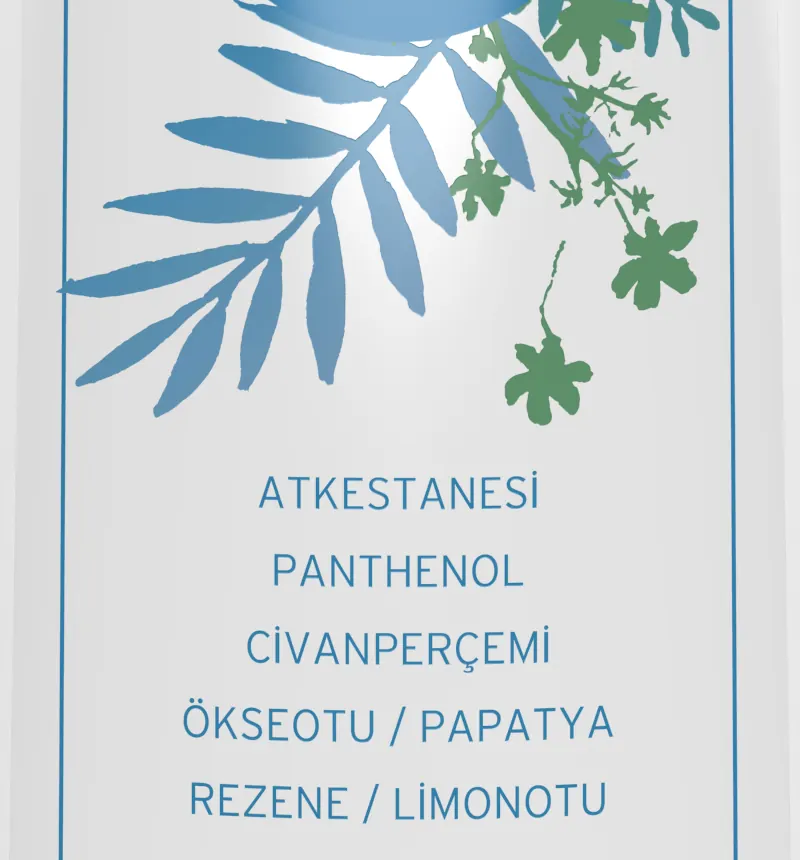 Kepek karşıtı şampuan etiketinden yakın görünüm: mavi yaprak çizimleri ve atkestanesi, panthenol, civanperçemi, ökseotu, papatya, rezene, limonotu içerikleri