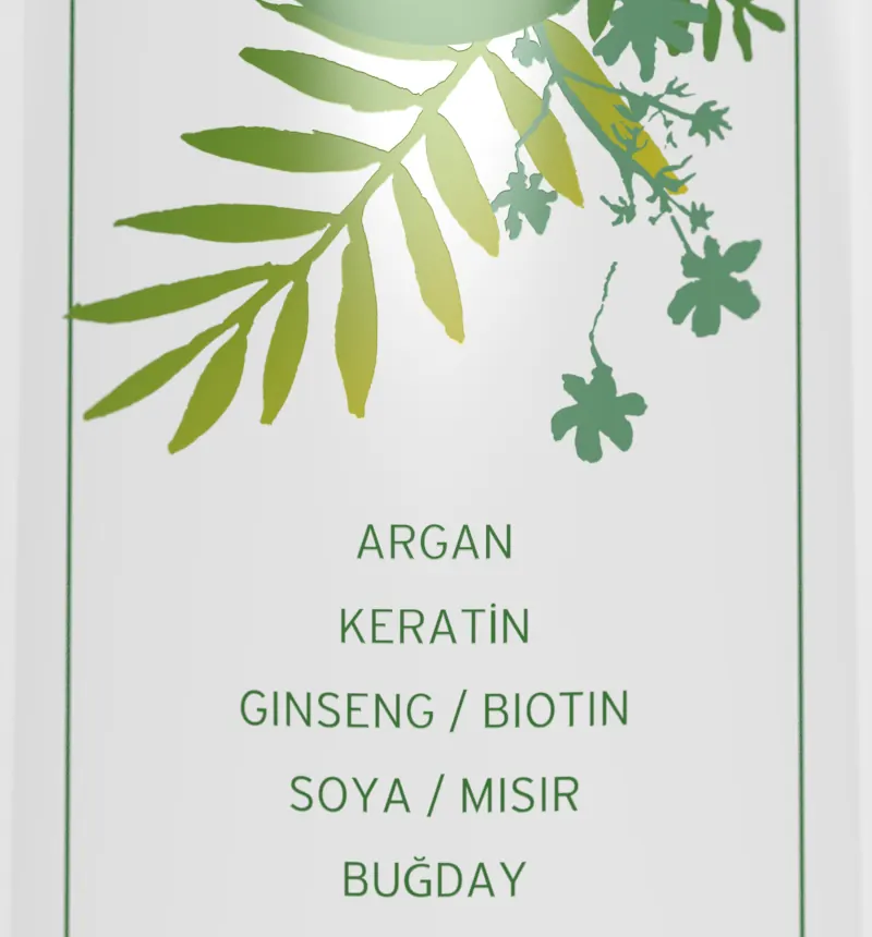Onarıcı şampuan etiketinden yakın görünüm: yeşil yaprak çizimleri ve argan, keratin, ginseng, biotin, soya, mısır, buğday içerikleri